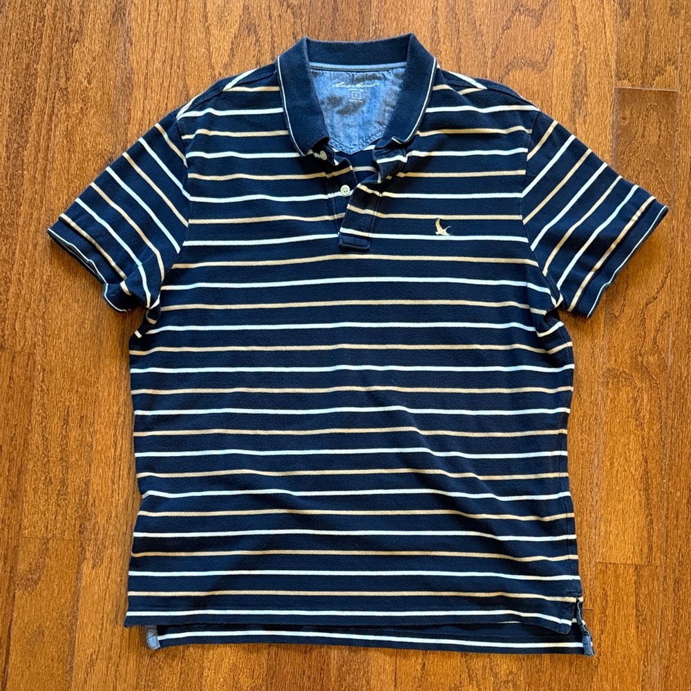 Eddie Bauer Navy and White Striped Polo Shirt